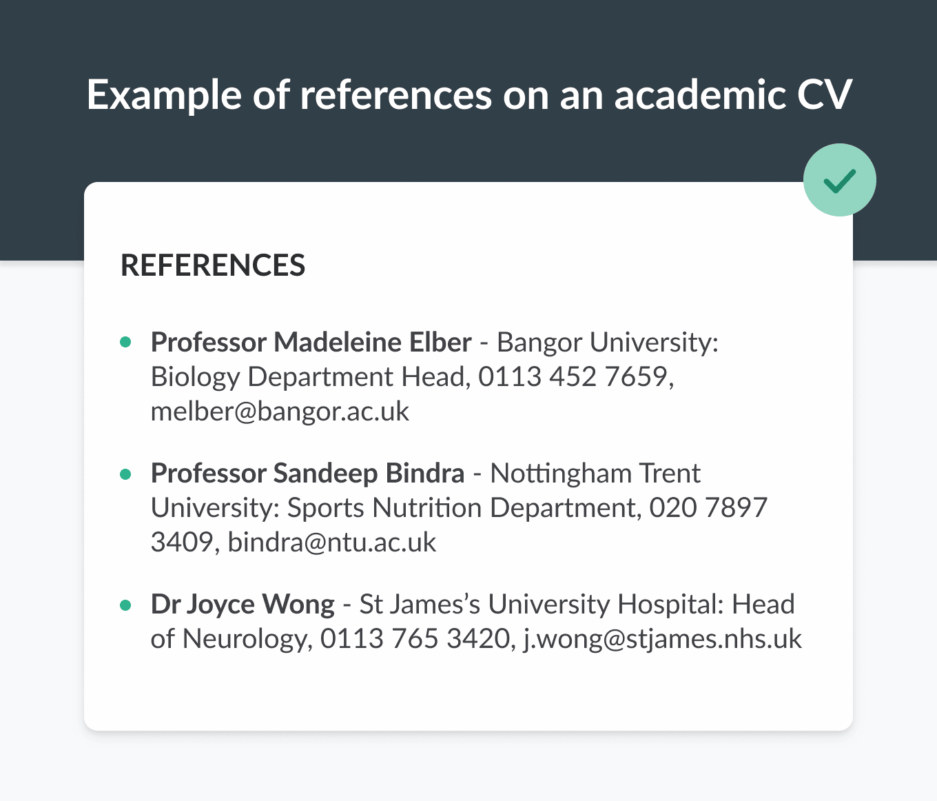 The references section of an academic CV with the contact information of three biology experts.