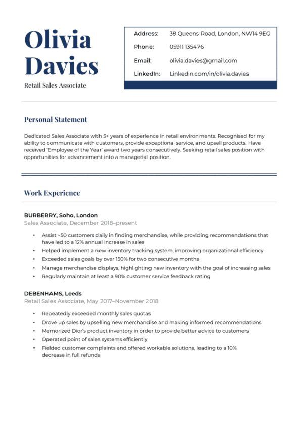The first page of the Refined CV template in dark blue.