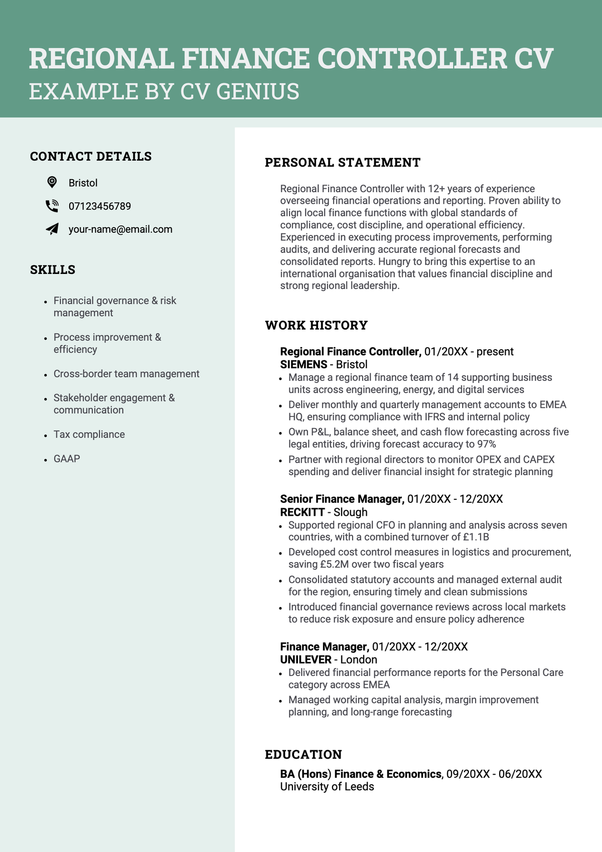 Regional finance controller CV example