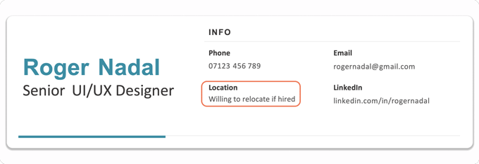 A CV header with an example of how to put a relocation statement in place of an address on a CV. The statement is outlined in orange in a two-column list of personal details to the right of the applicant's name.