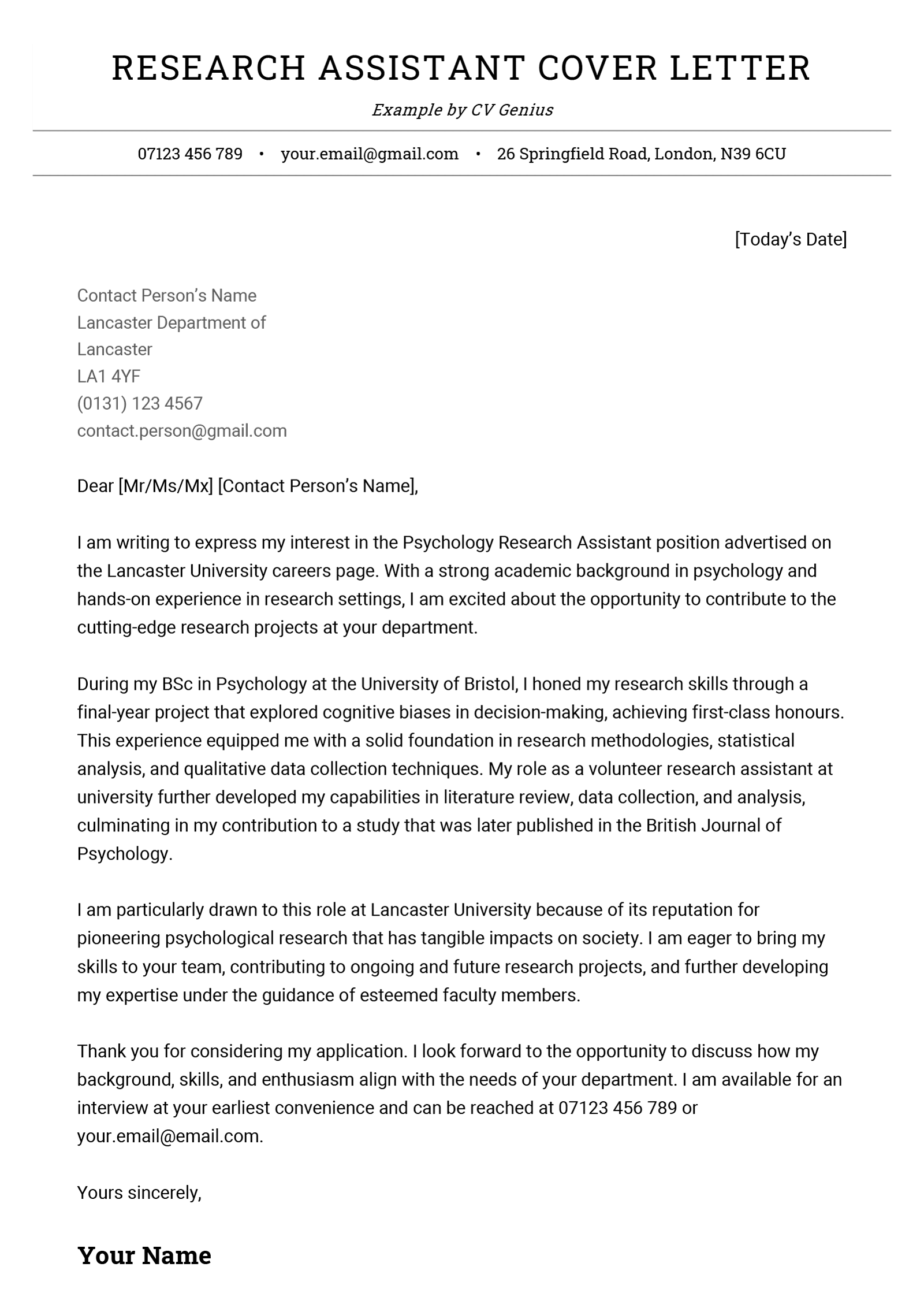 psychology research assistant cover letter