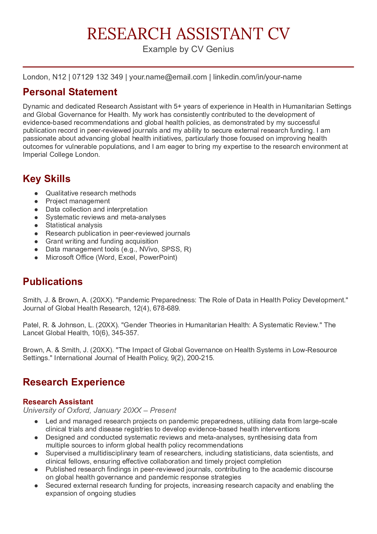 The first page of a research assistant CV example.