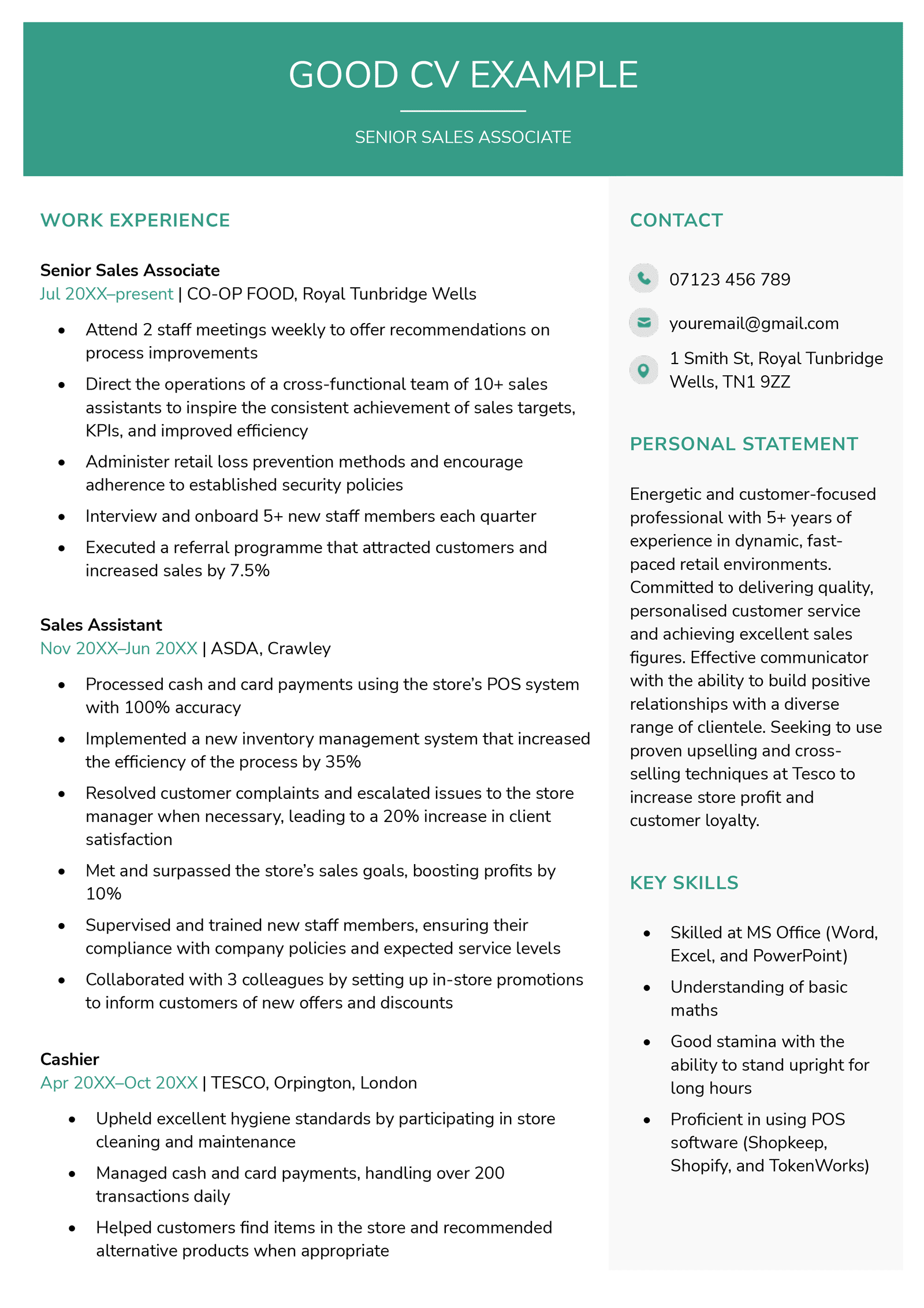 A CV written by a candidate after they've submitted a letter of resignation. The letter uses a green colour scheme and eye-catching two-column layout.