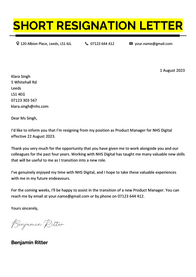 A resignation letter sample demonstrating an employee resigning from a company and notifying their employer