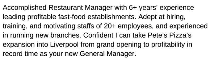 A restaurant manager's CV 'About Me' example