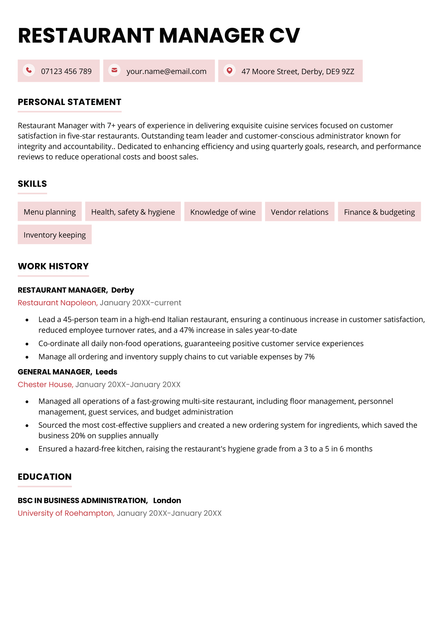 A restaurant manager CV example in red.