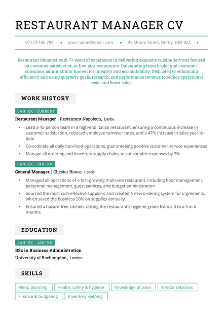 A restaurant manager CV example in green.