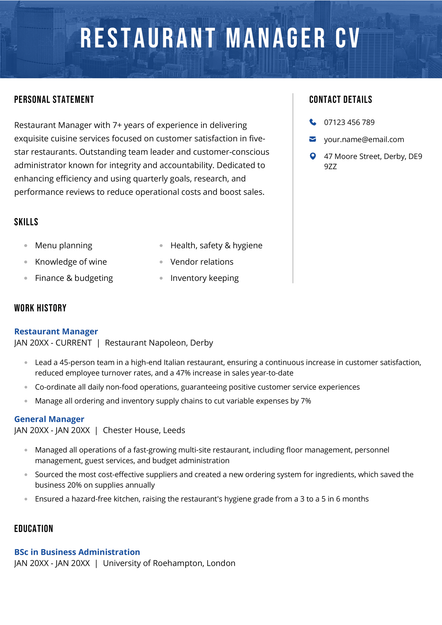 A restaurant manager CV example in navy blue.