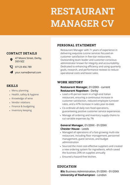 A restaurant manager CV example in orange.