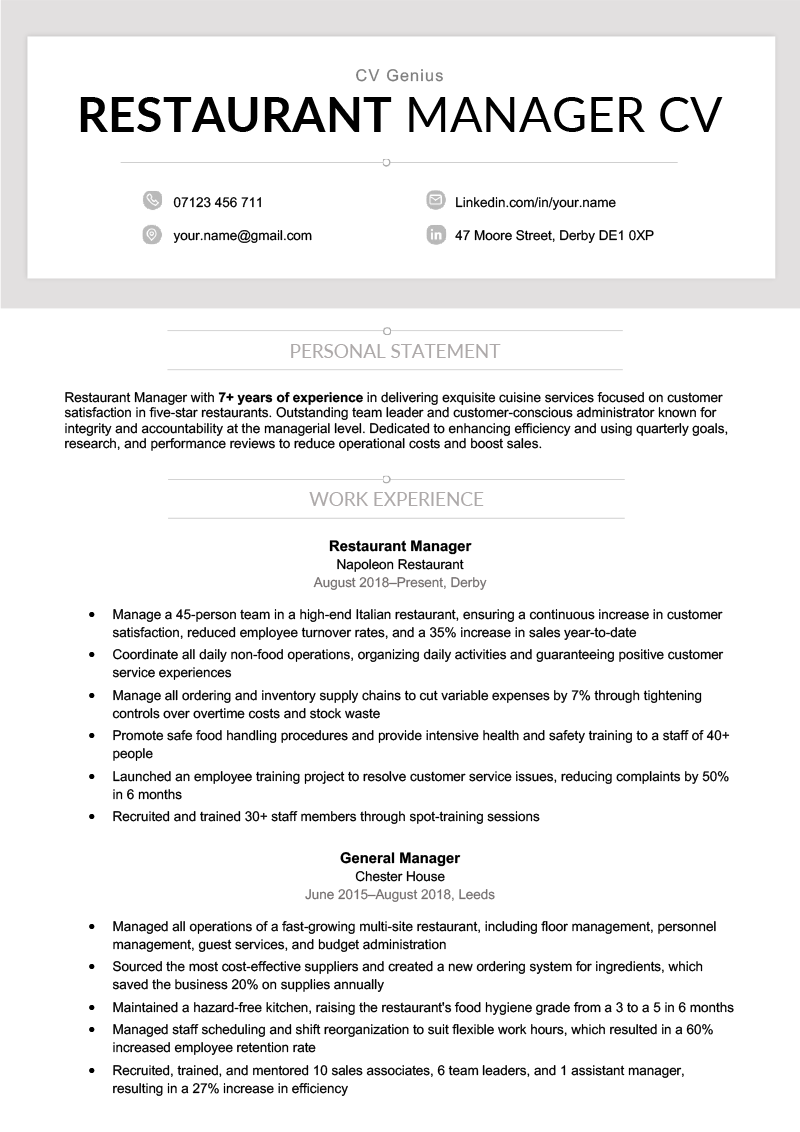 The first page of a restaurant manager CV example with a gray header and sections for the applicant's personal statement and work experience