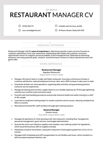 The first page of a restaurant manager CV example with a gray header and sections for the applicant's personal statement and work experience.