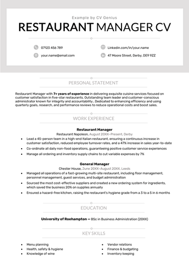 The first page of a restaurant manager CV example with a gray header and sections for the applicant's personal statement and work experience.