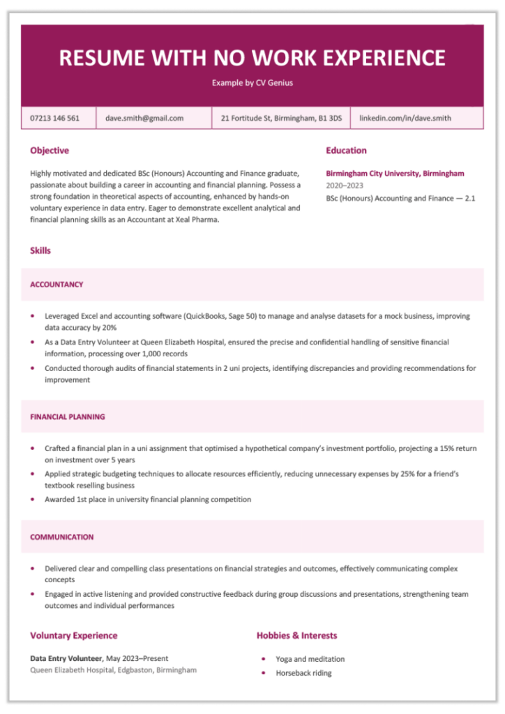 Resume Example With No Work Experience 724x1024 