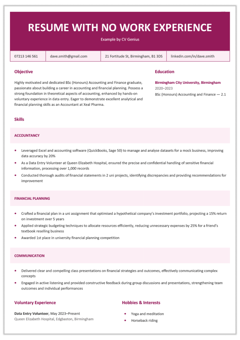 A resume example with a deep pink header and all the applicant's information fit on one page.
