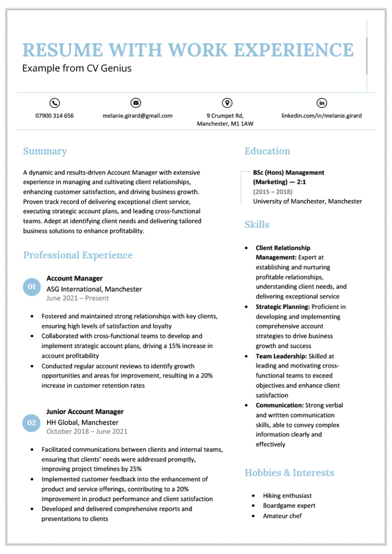 A resume example with light blue header text and icons for contact information and section headings.