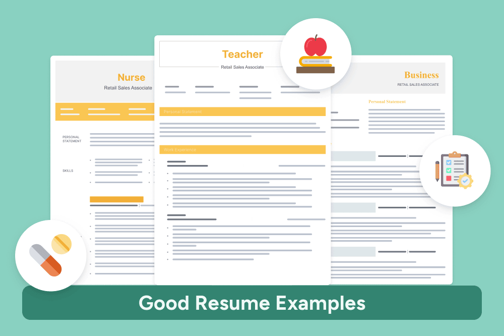 Three resume examples for UK job seekers over a banner of text reading 'Good Resume Examples'.