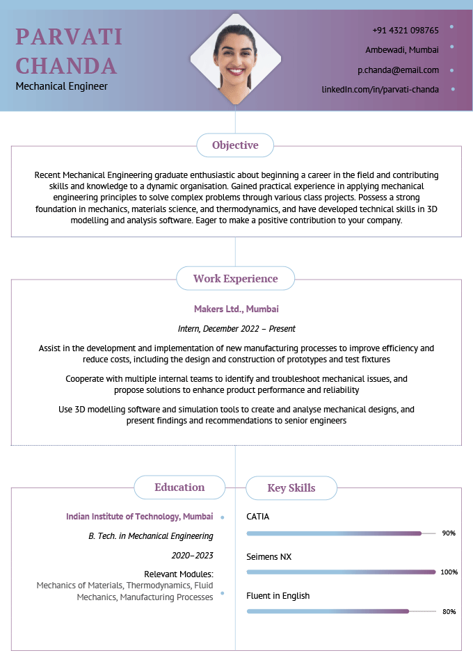 A mechanical engineer resume for freshers with a purple header and a centered headshot in a triangular frame. The applicant's career objective and experience are centered, and their education and skills are in two columns at the bottom of the page.