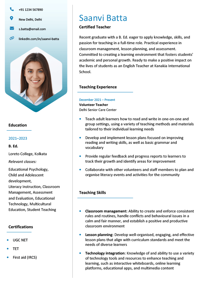 college teacher resume for fresher