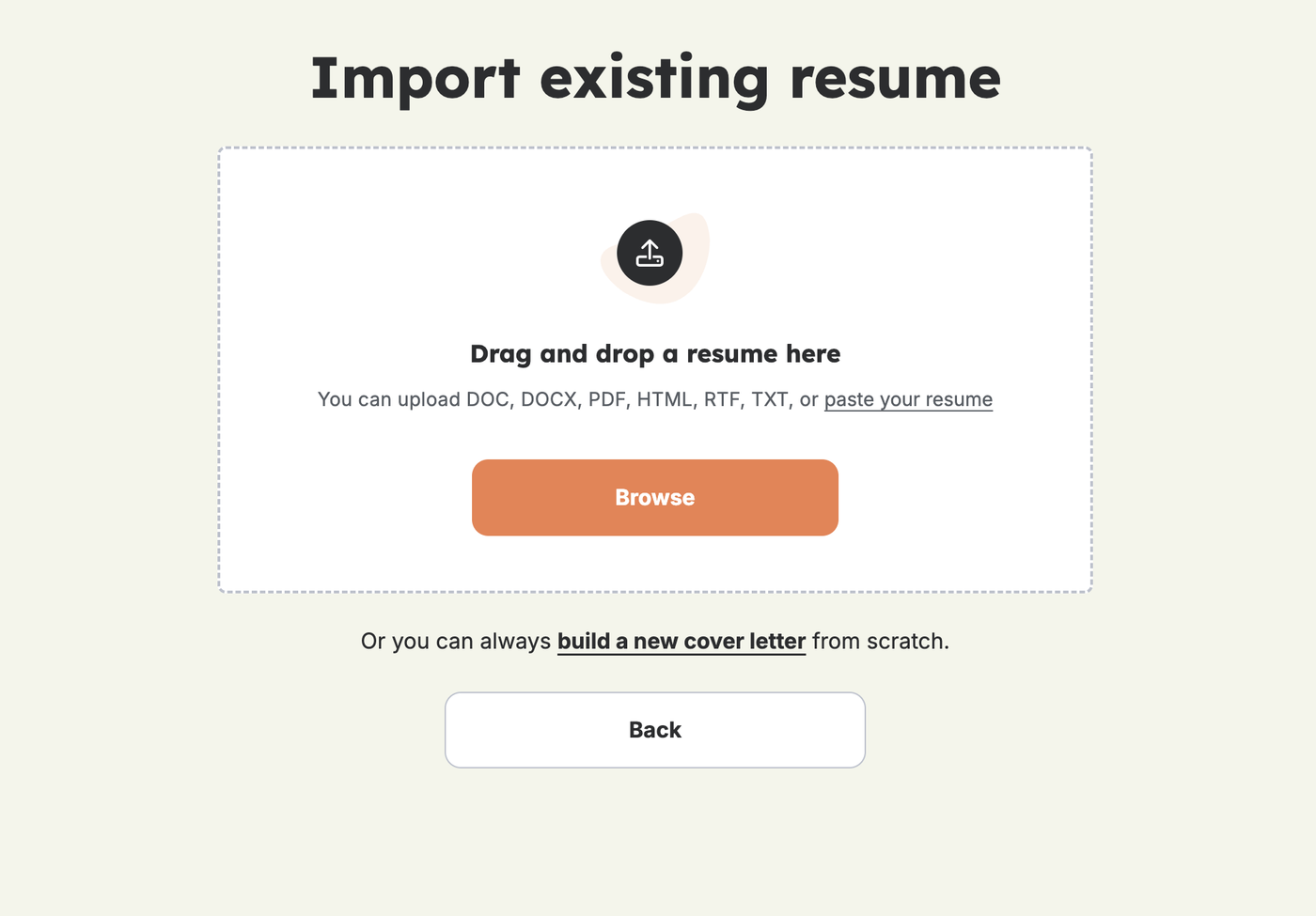 The upload window of the Resume Genius cover letter builder.