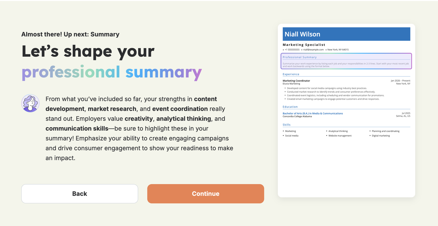 The resume summary stage of the Resume Genius builder.