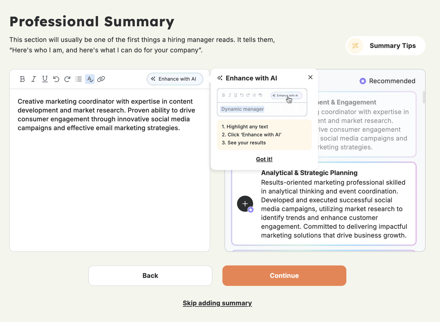 A screenshot of the Resume Genius resume builder highlighting its AI writing tool. 