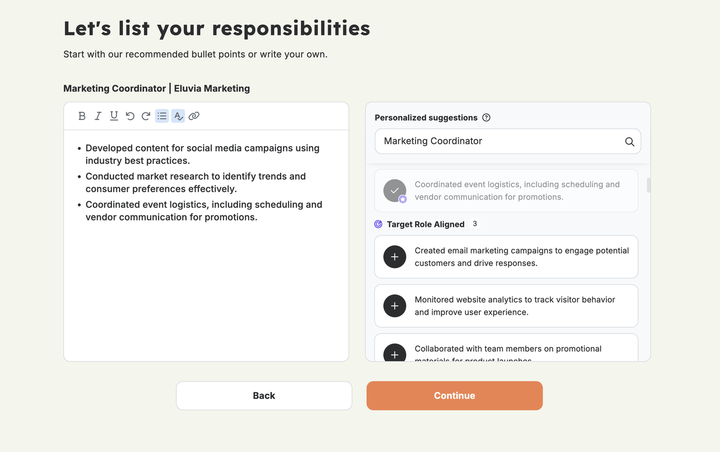 The work experience stage of the Resume Genius builder.