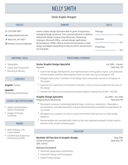 A Resume Genius resume template with a navy blue colour scheme.