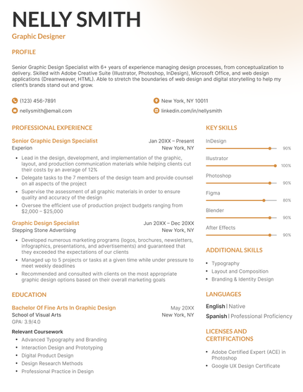 A modern Resume Genius resume template with orange headers.