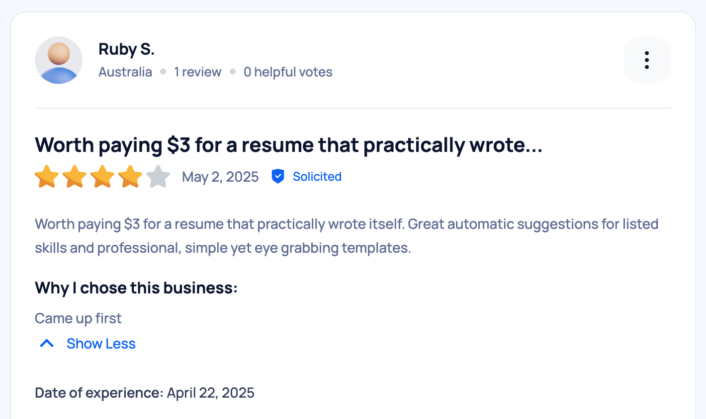 A four-star SmartCustomer review of Resume Genius.