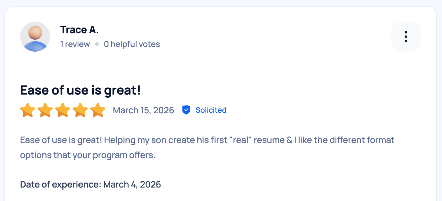 A five-star SmartCustomer user review of Resume Genius.
