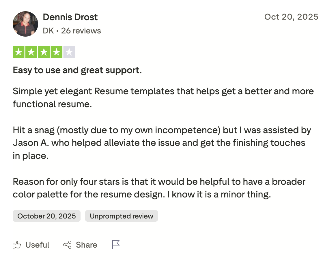 A four-star Trustpilot review of Resume Genius that mentions that highlights the resume builder