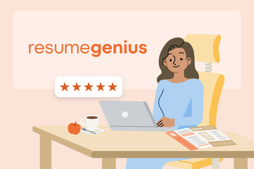 A woman making her resume next to the Resume Genius logo
