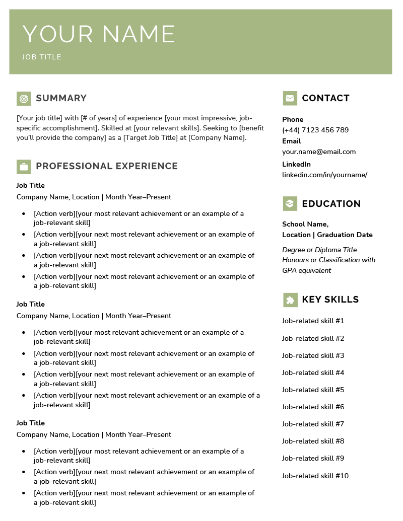 An image of a free Microsoft Word resume template with a light green header and resume icons, and writing prompts in brackets