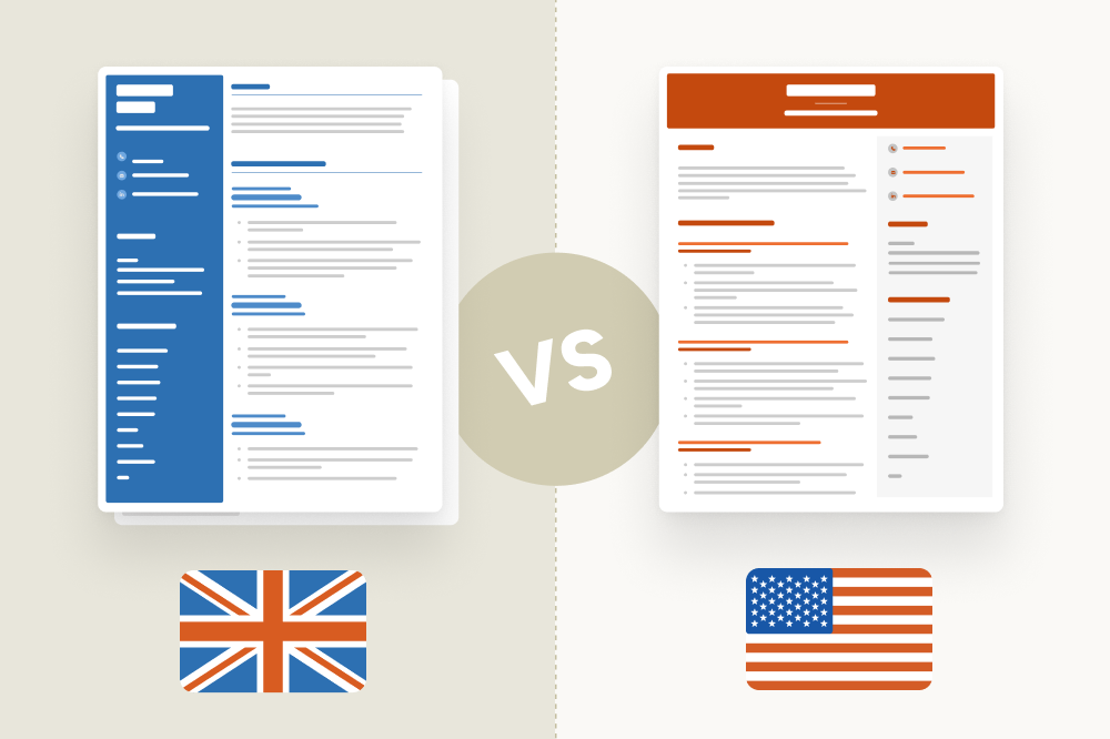 A UK CV on the left side above the Union Jack, with a US resume on the right-hand side above the American flag.