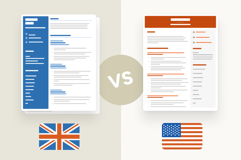 A UK CV on the left side above the Union Jack, with a US resume on the right-hand side above the American flag.