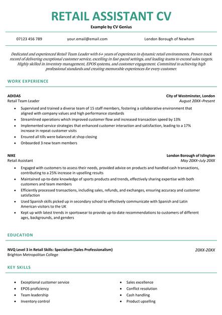 A retail assistant CV example in the Birmingham CV template.