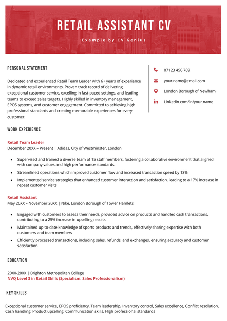 A retail assistant CV example in the Chester CV template.