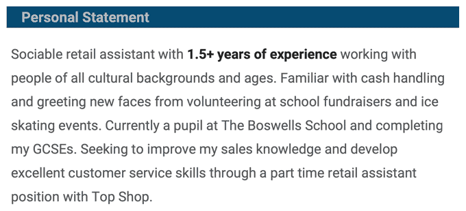 An example of a personal statement from a retail assistant CV with the section heading in a blue bar and the applicant's years of experience bolded.