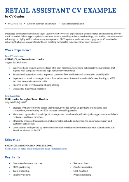 A retail assistant CV example in the St Albans CV template.