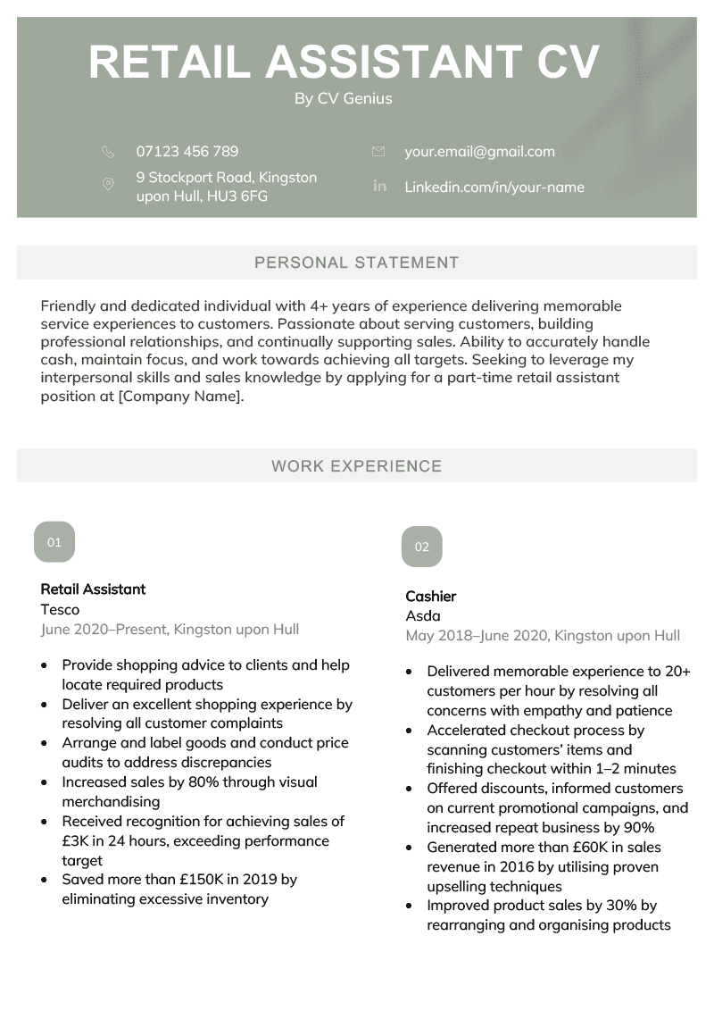 A retail assistant cv example on a template with green headings and work experience presented in two columns.