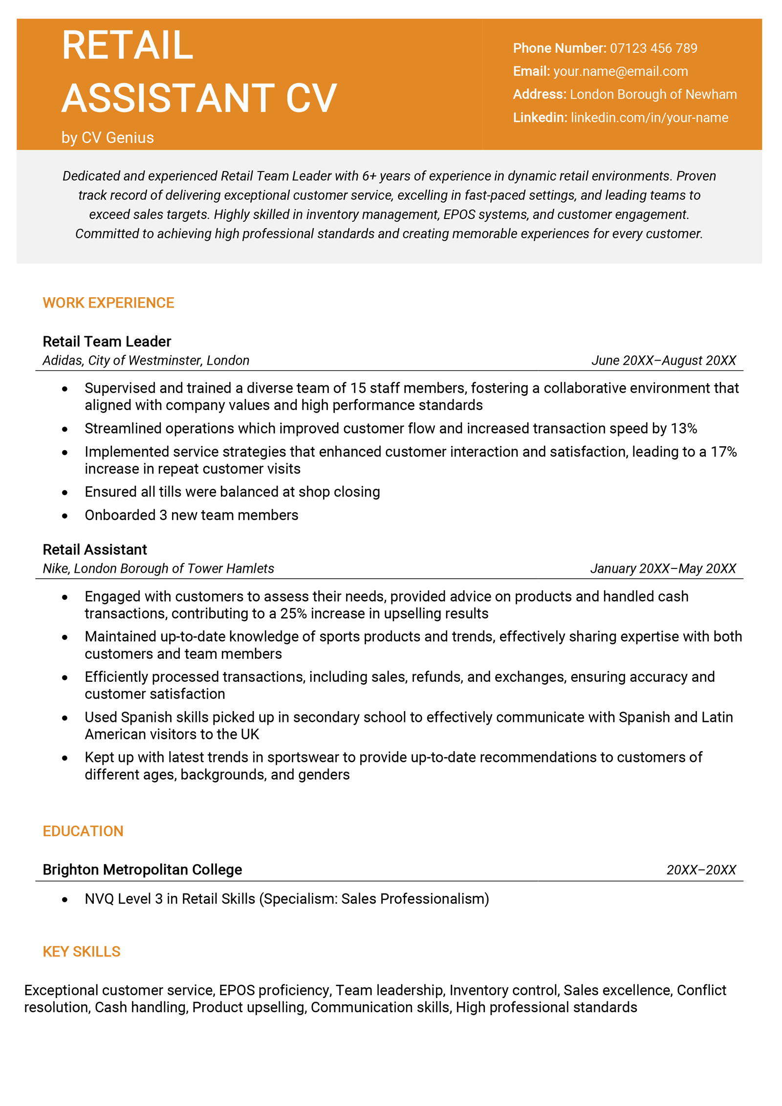 First page of a retail assistant CV example.