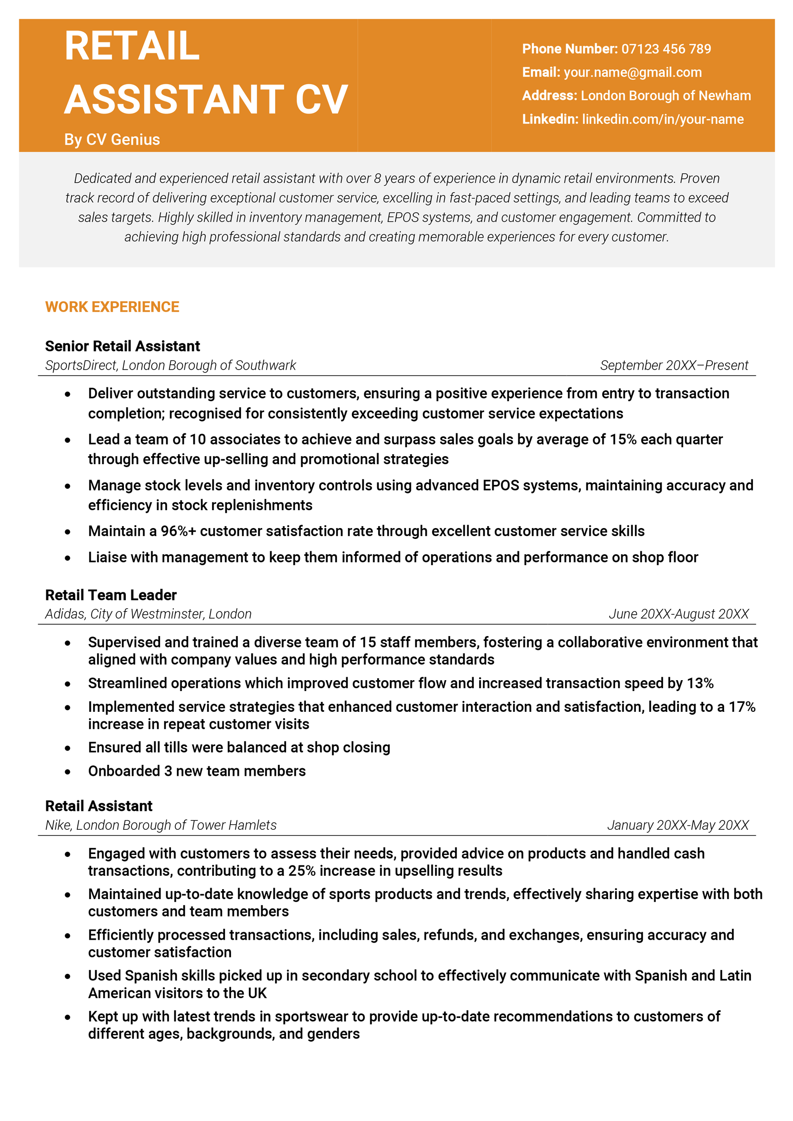 A retail assistant CV example that uses an orange header and a grey background for its personal statement, as well as coloured highlights throughout.
