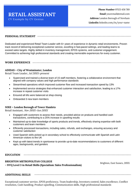 A retail assistant CV example in the Westminster CV template.