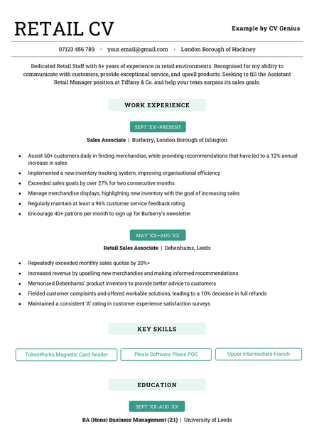 The retail CV sample in the Canterbury CV template.