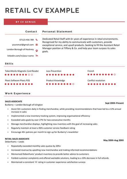 The retail CV sample in the Coventry CV template.