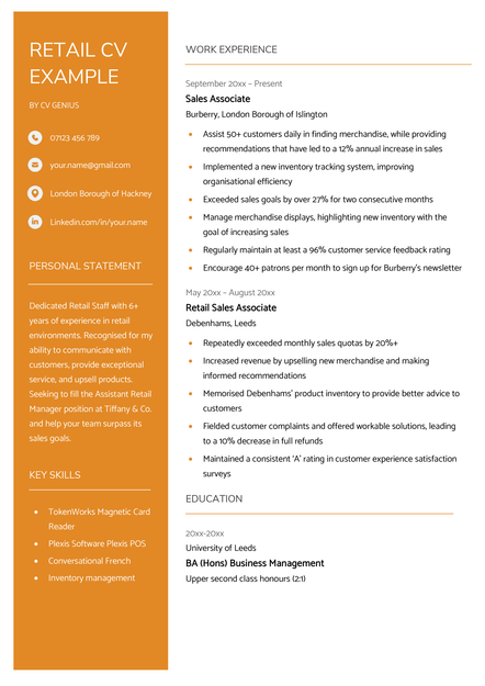 A retail CV example in the Inverness CV template.