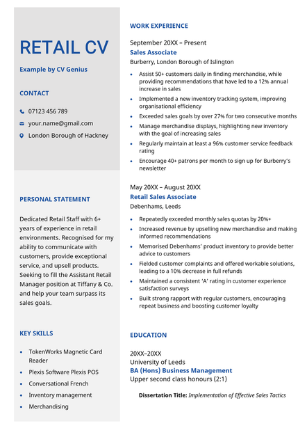 A retail CV example using the Worcester CV template.