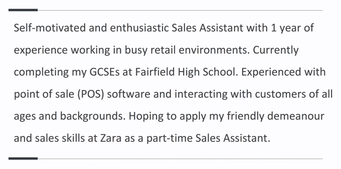 A retail CV personal statement example with black and gray borders above and below it