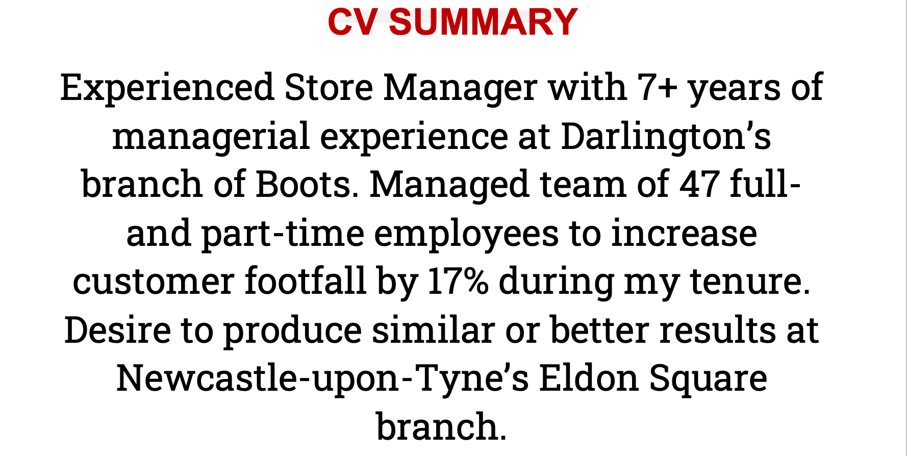 A professional summary for retail with a red CV summary title.