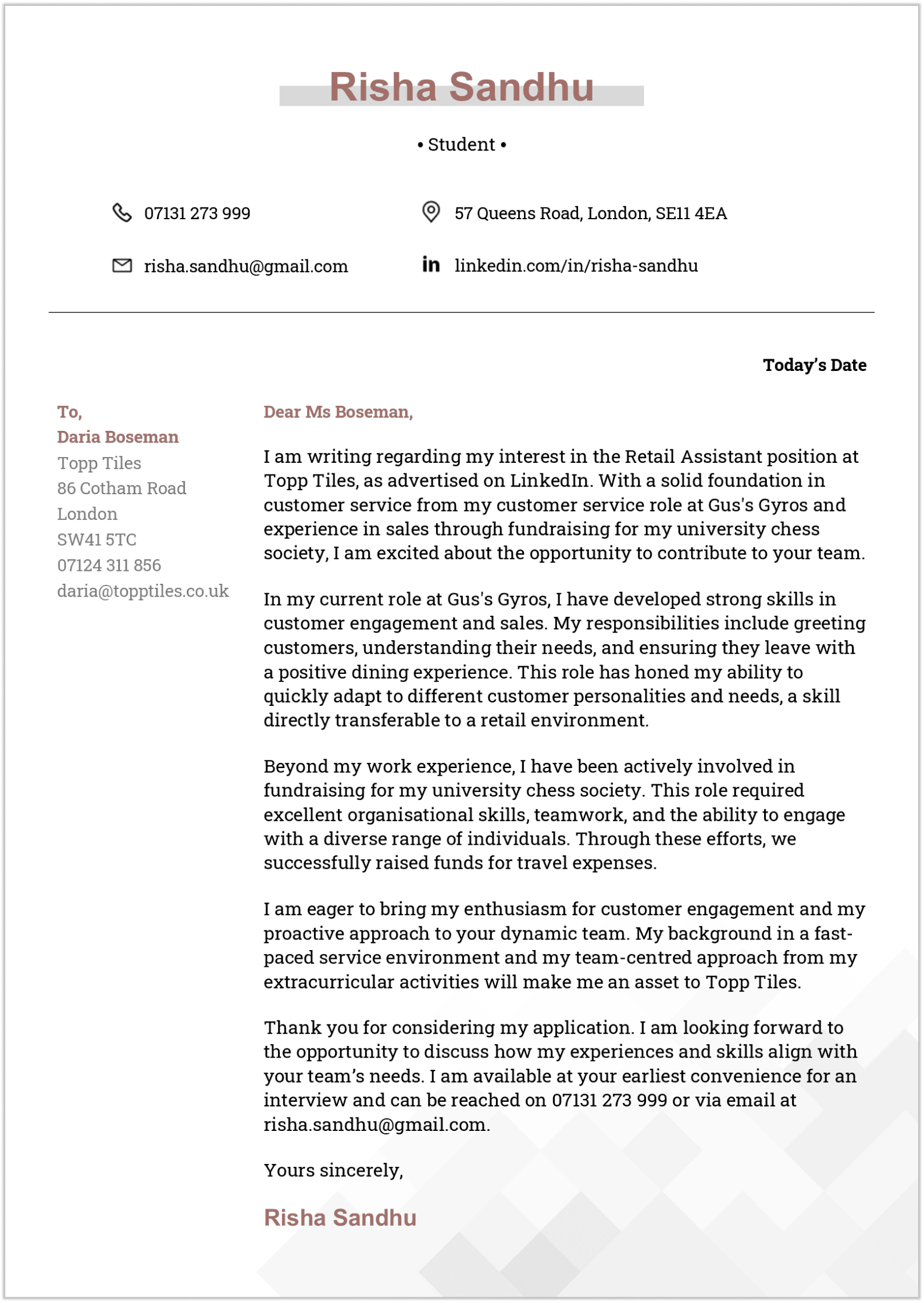 resume application letter definition